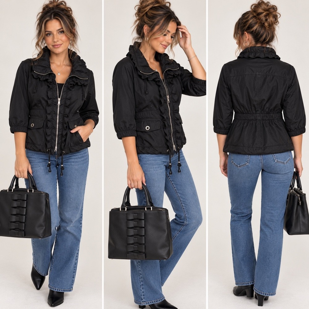 White House Black Market Ruffle Utility Jacket Black Zip Up Cargo Pockets Size 4